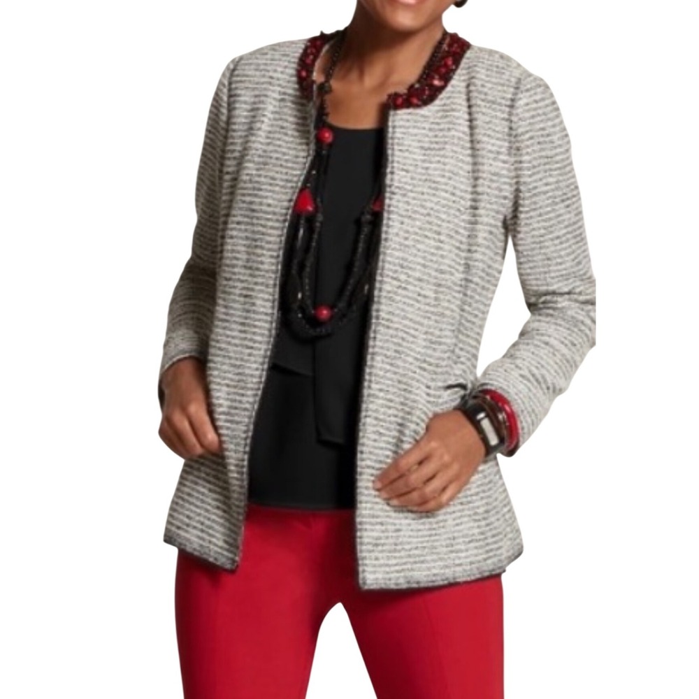 Chicos Women's Gray/Black Tweed Blazer Embellished Collar Size 2 Career Jacket‎